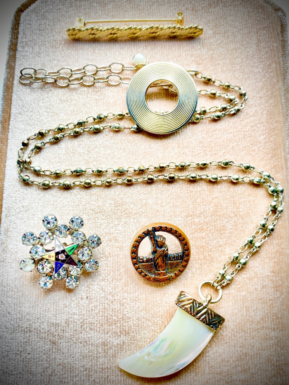Vintage Jewelry Treasure Hunt Lot Necklace Pins Button Mother of Pearl Mason Mix